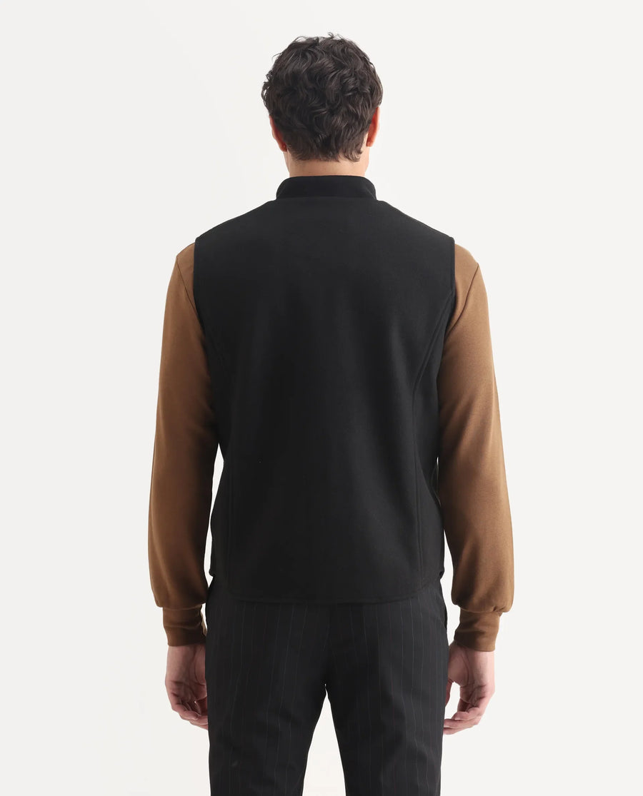 Rare Rabbit Men's Thermo Black Polyester Plain Regular Fit Sleeveless High Neck Jacket