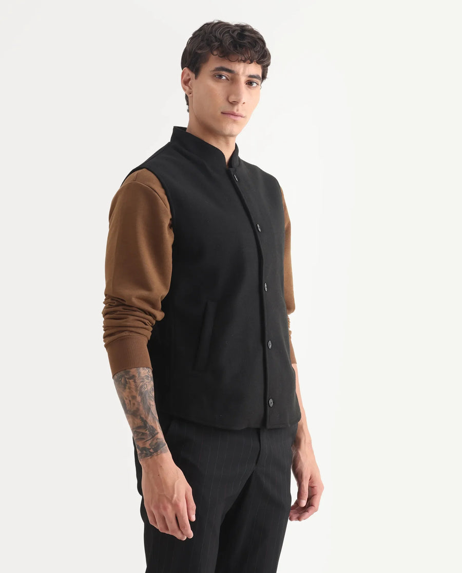Rare Rabbit Men's Thermo Black Polyester Plain Regular Fit Sleeveless High Neck Jacket