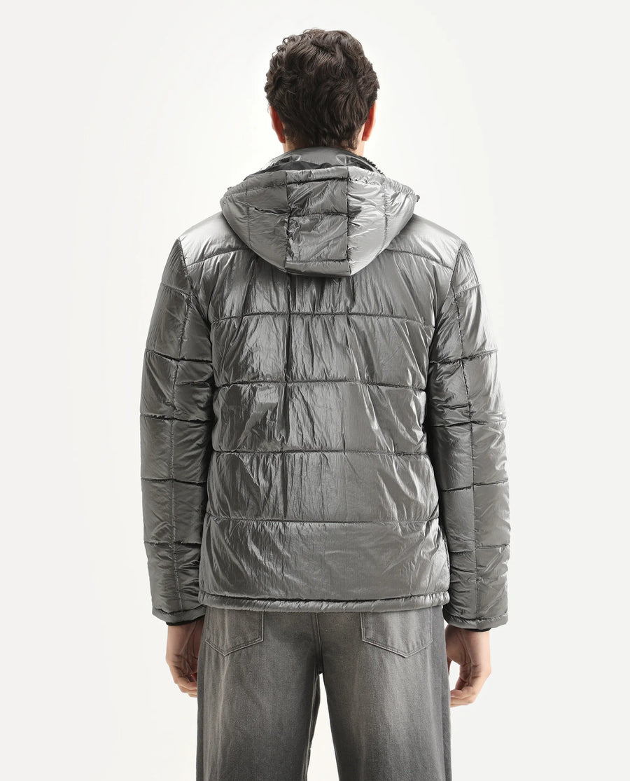 Rare Rabbit Men's Osad Dark Grey Polyester Plain Relaxed Fit Full Sleeve Hooded Jacket