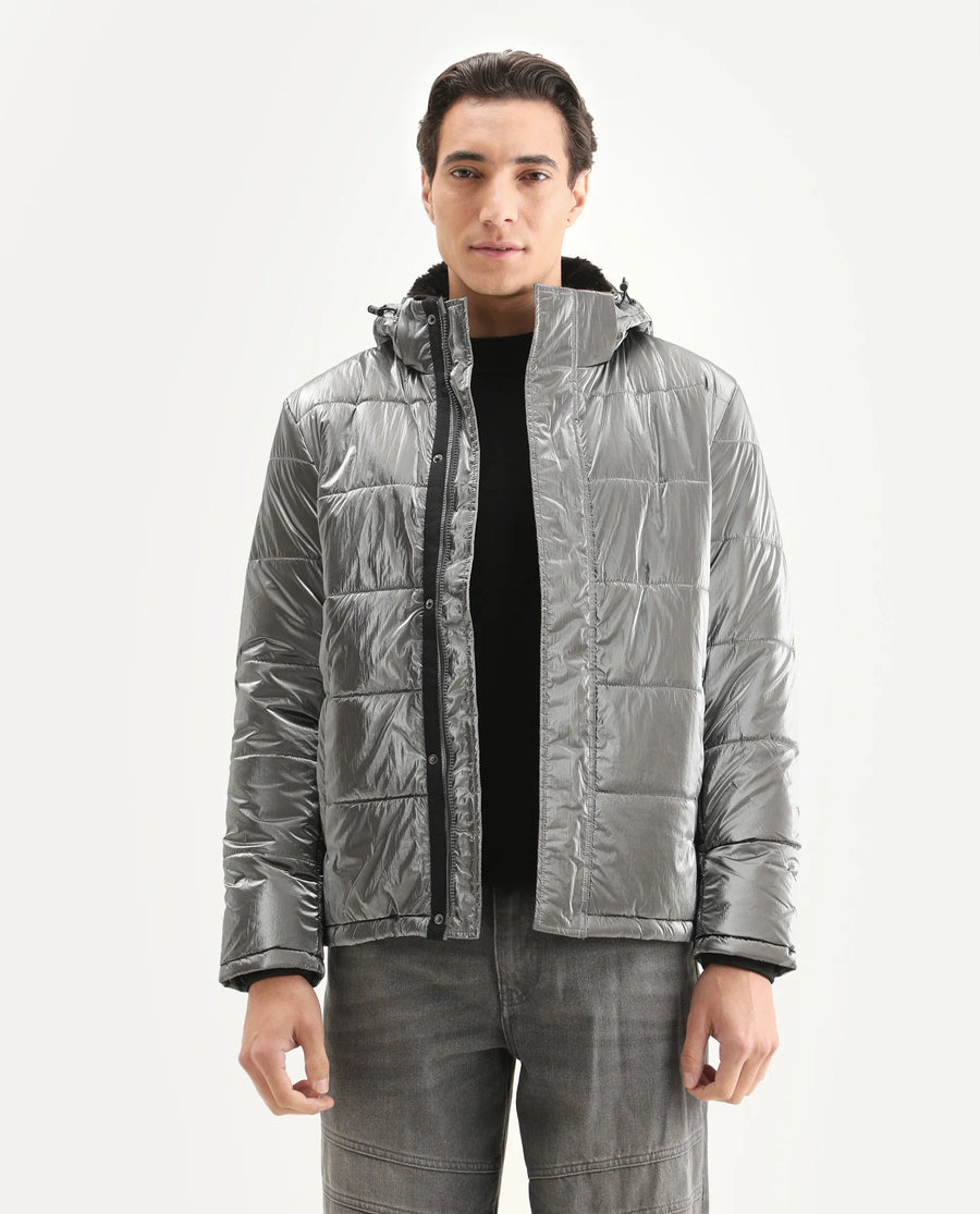 Rare Rabbit Men's Osad Dark Grey Polyester Plain Relaxed Fit Full Sleeve Hooded Jacket