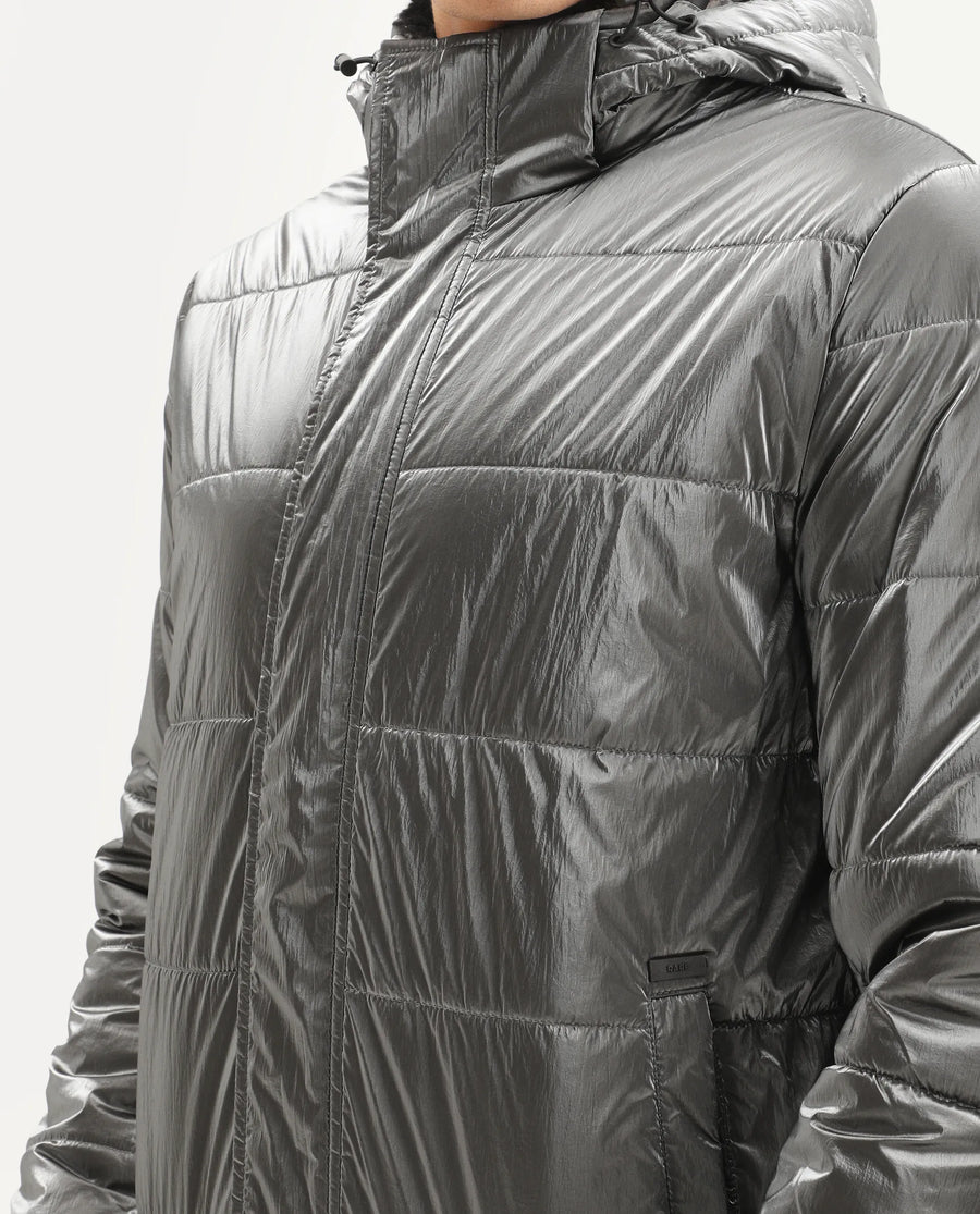 Rare Rabbit Men's Osad Dark Grey Polyester Plain Relaxed Fit Full Sleeve Hooded Jacket