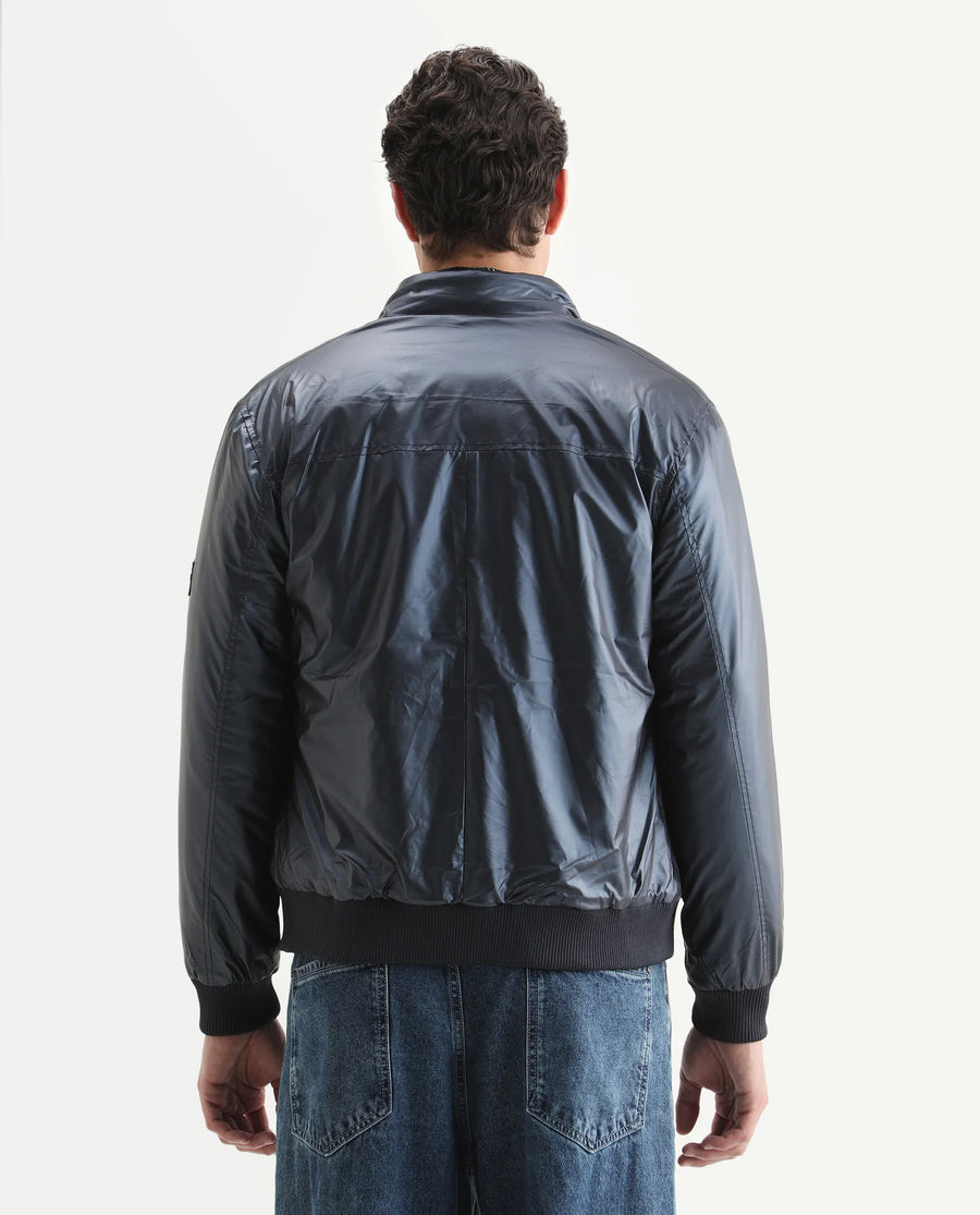 Rare Rabbit Men's Carpo Dark Petrol Polyester Plain Relaxed Fit Full Sleeve Mandarin Collar Jacket