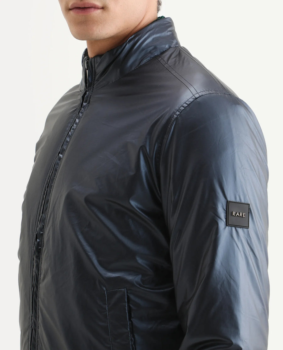 Rare Rabbit Men's Carpo Dark Petrol Polyester Plain Relaxed Fit Full Sleeve Mandarin Collar Jacket