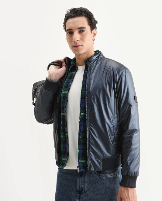 Rare Rabbit Men's Carpo Dark Petrol Polyester Plain Relaxed Fit Full Sleeve Mandarin Collar Jacket