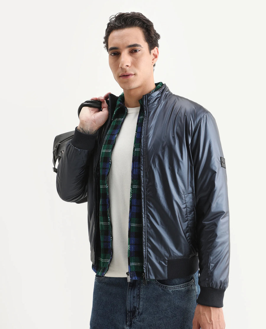 Rare Rabbit Men's Carpo Dark Petrol Polyester Plain Relaxed Fit Full Sleeve Mandarin Collar Jacket