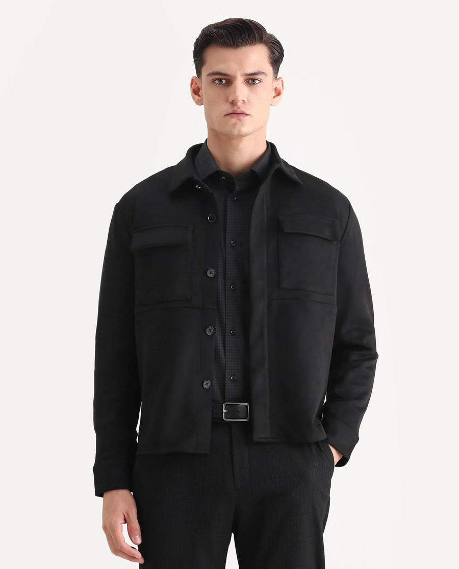 Rare Rabbit Men's Delk Black Suede Plain Regular Fit Full Sleeve Spread Collar Jacket