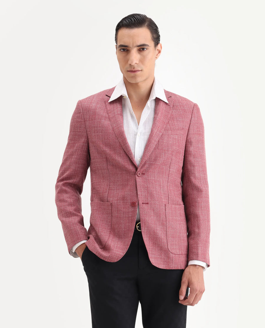 Rare Rabbit Men's Drew Red Polyester Plain Tailored Fit Full Sleeve Lapel Neck Blazer