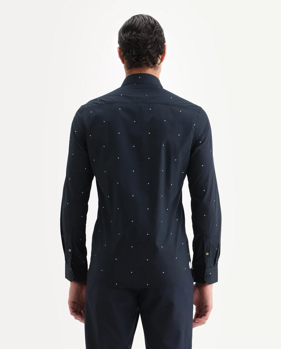 Rare Rabbit Men's Plutoo Black Cotton Polka Print Tailored Fit Full Sleeve Collared Shirt