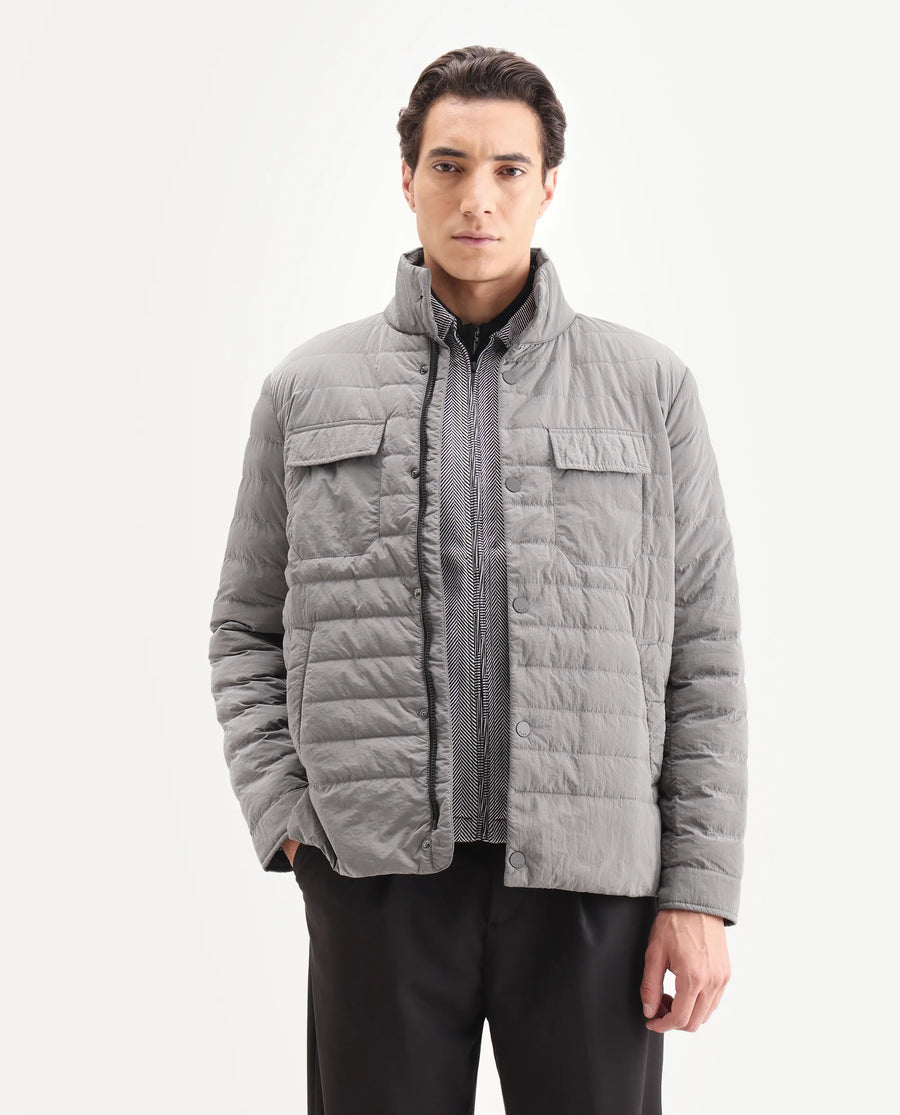Rare Rabbit Men's Cadiz Silver Polyester Plain Relaxed Fit Full Sleeve High Neck Jacket