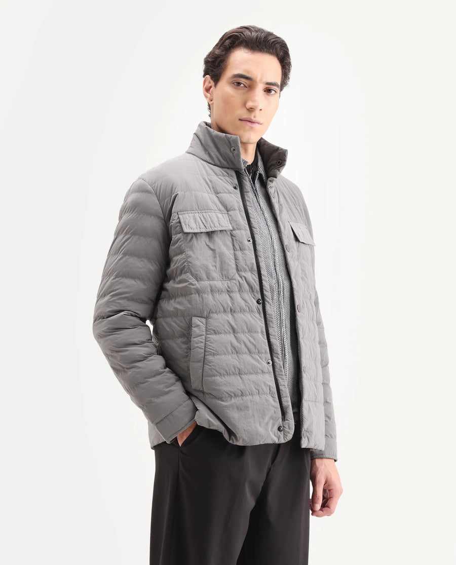 Rare Rabbit Men's Cadiz Silver Polyester Plain Relaxed Fit Full Sleeve High Neck Jacket