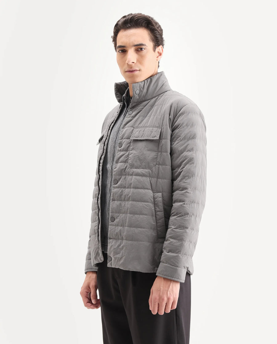 Rare Rabbit Men's Cadiz Silver Polyester Plain Relaxed Fit Full Sleeve High Neck Jacket