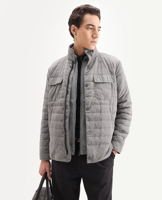 Rare Rabbit Men's Cadiz Silver Polyester Plain Relaxed Fit Full Sleeve High Neck Jacket