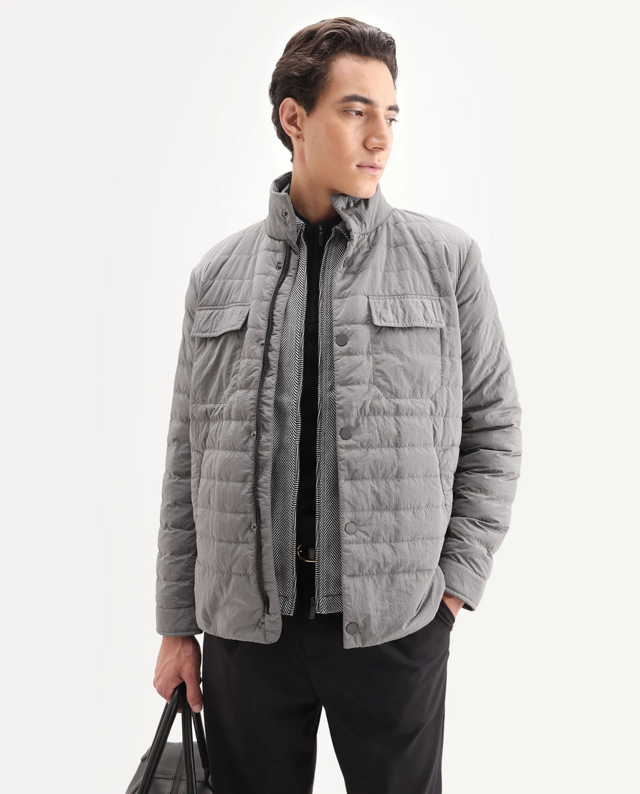 Rare Rabbit Men's Cadiz Silver Polyester Plain Relaxed Fit Full Sleeve High Neck Jacket