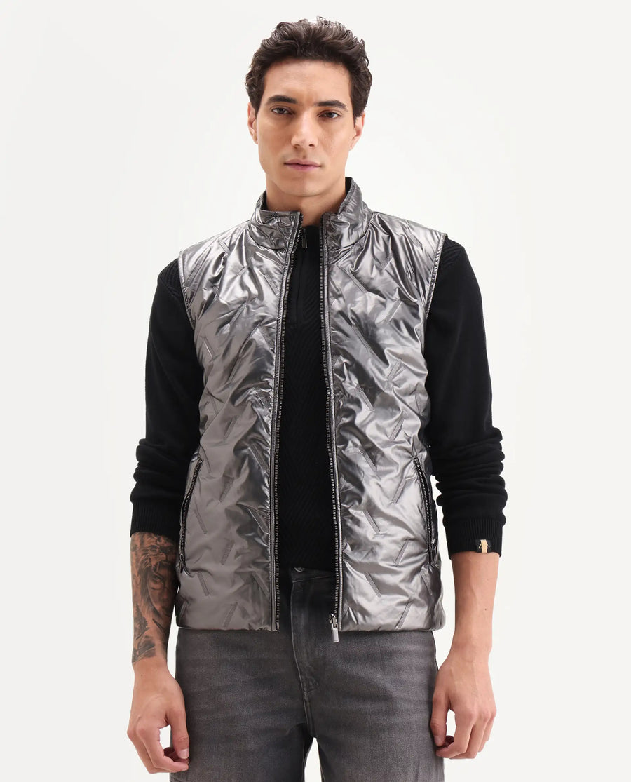 Rare Rabbit Men's Linda Metalic Silver Polyester Plain Regular Fit Sleeveless High Neck Jacket