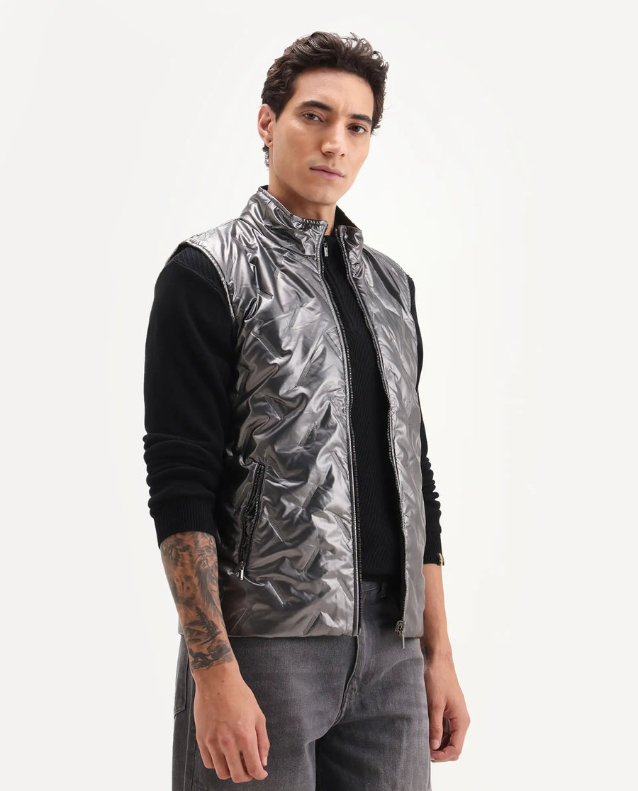 Rare Rabbit Men's Linda Metalic Silver Polyester Plain Regular Fit Sleeveless High Neck Jacket