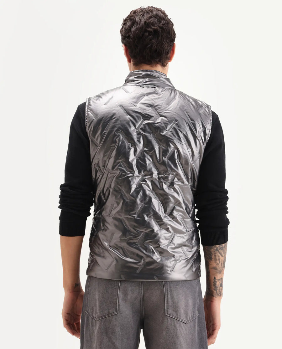 Rare Rabbit Men's Linda Metalic Silver Polyester Plain Regular Fit Sleeveless High Neck Jacket