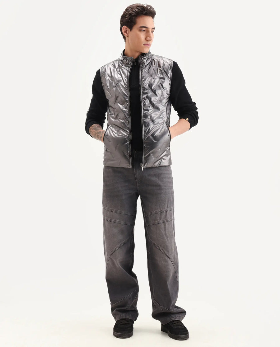 Rare Rabbit Men's Linda Metalic Silver Polyester Plain Regular Fit Sleeveless High Neck Jacket