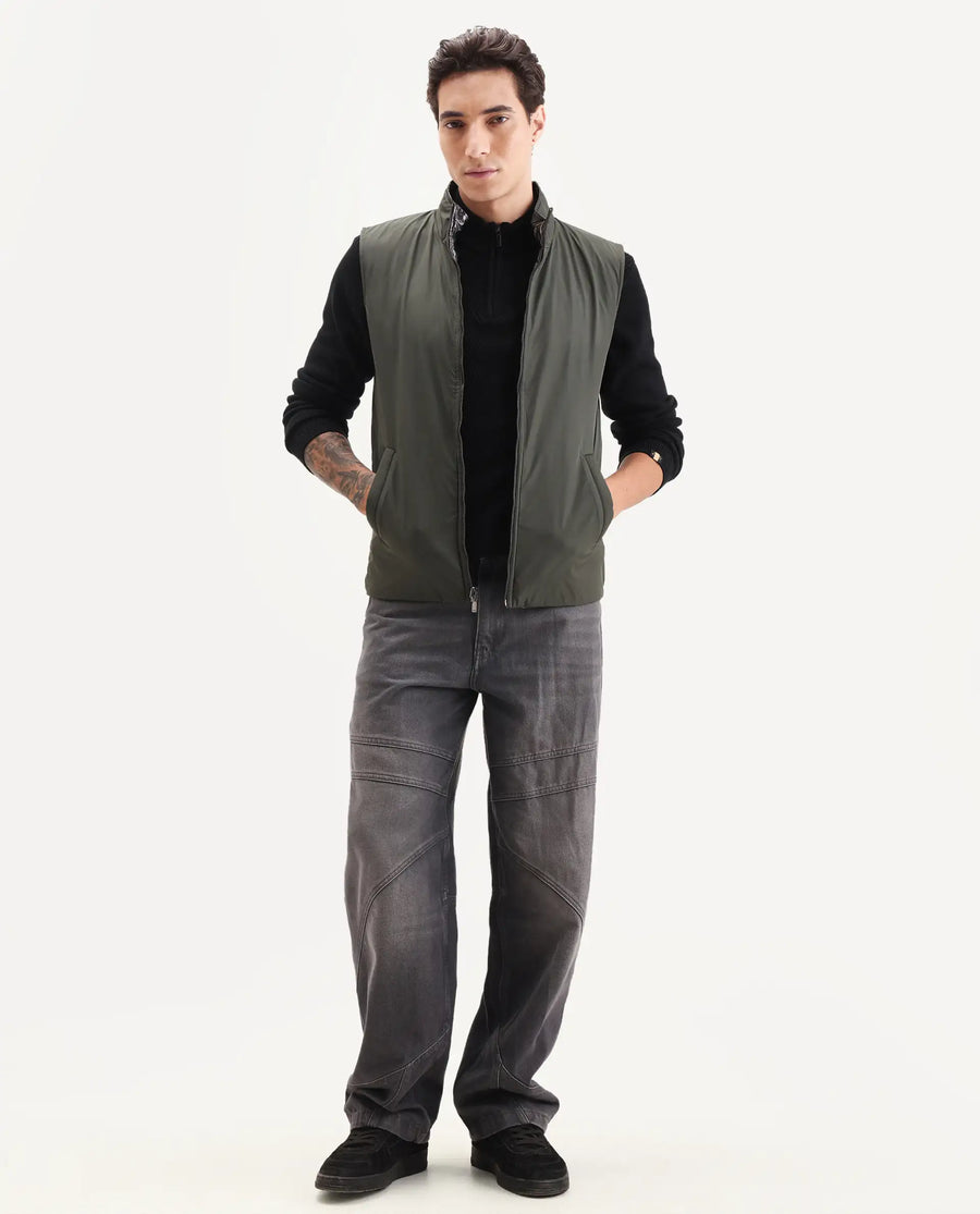Rare Rabbit Men's Linda Metalic Silver Polyester Plain Regular Fit Sleeveless High Neck Jacket