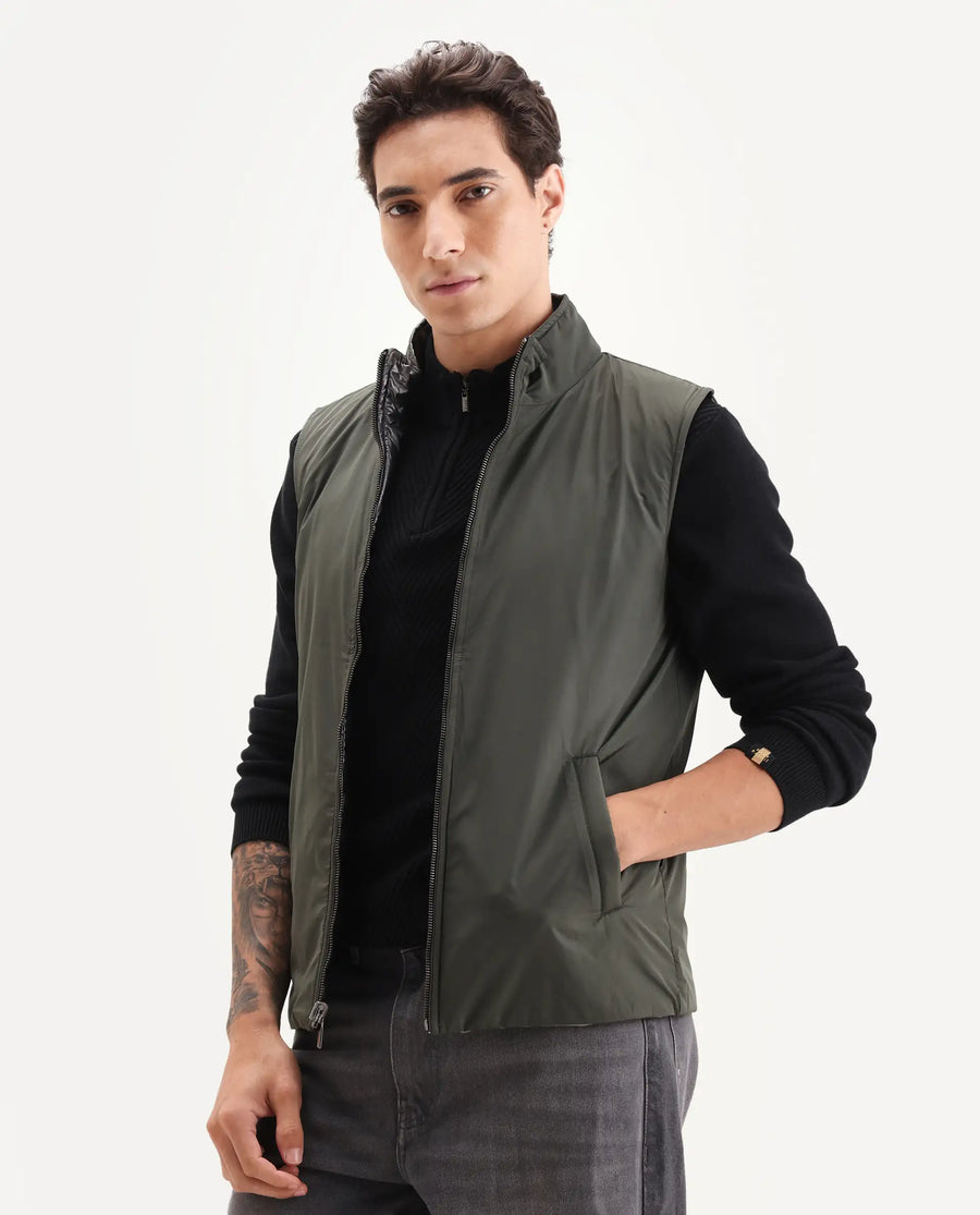 Rare Rabbit Men's Linda Metalic Silver Polyester Plain Regular Fit Sleeveless High Neck Jacket