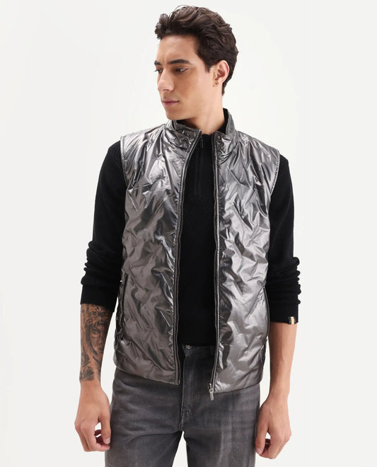 Rare Rabbit Men's Linda Metalic Silver Polyester Plain Regular Fit Sleeveless High Neck Jacket