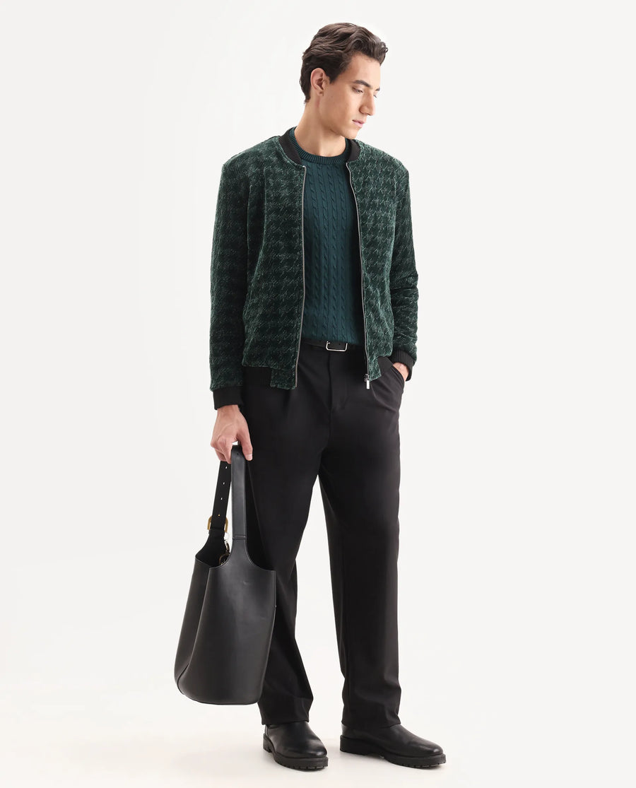 Rare Rabbit Men's Beldon Dark Green Velvet Textured Regular Fit Full Sleeve Stand Collar Jacket