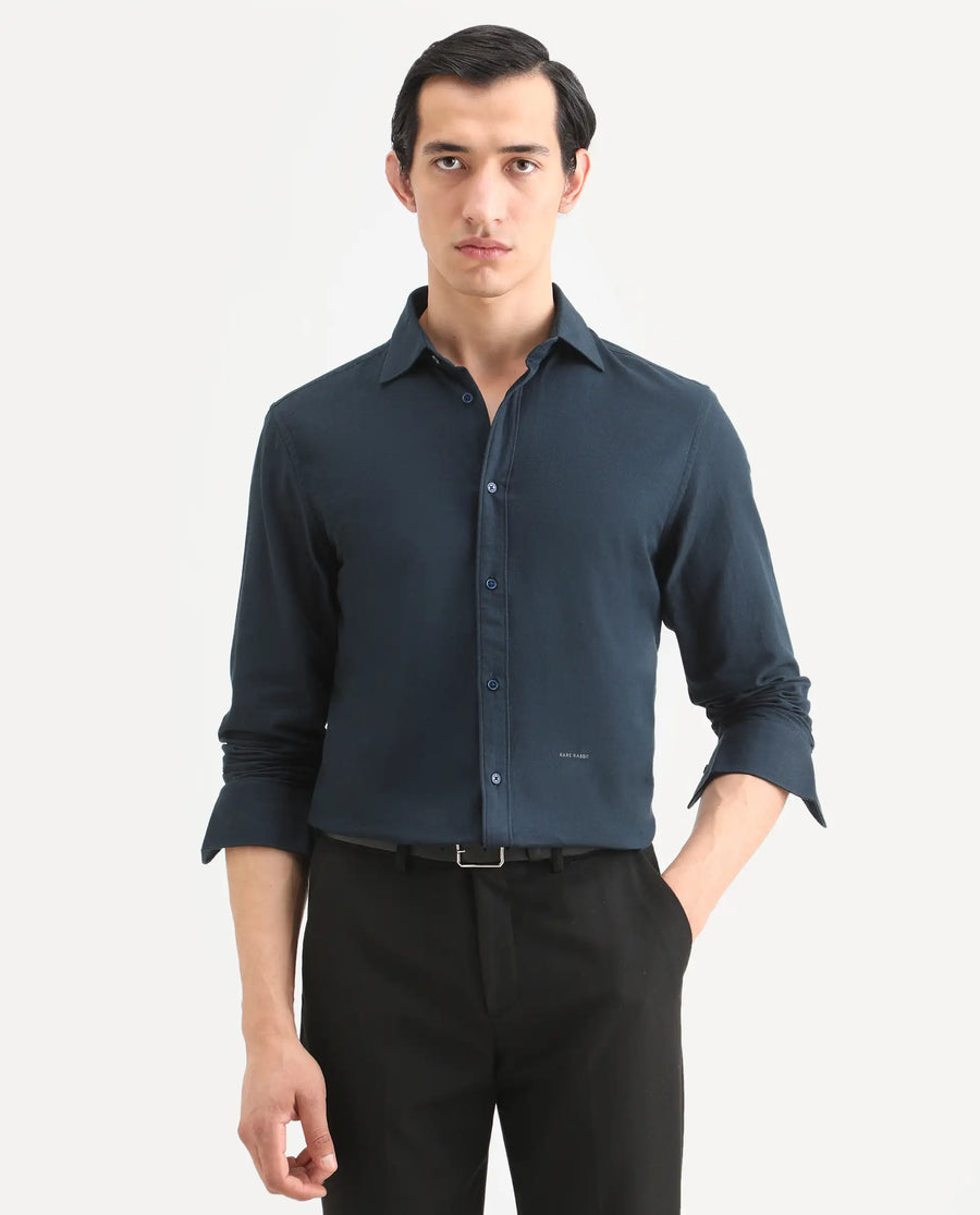 Rare Rabbit Men's Otago Navy Cotton Plain Regular Fit Full Sleeve Collared Shirt