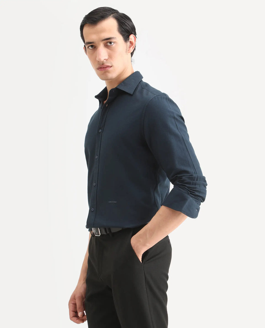 Rare Rabbit Men's Otago Navy Cotton Plain Regular Fit Full Sleeve Collared Shirt
