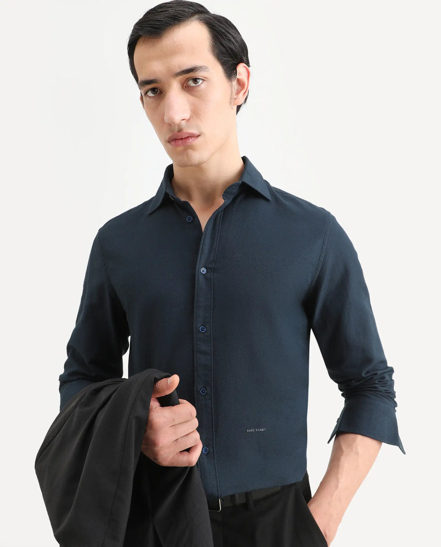 Rare Rabbit Men's Otago Navy Cotton Plain Regular Fit Full Sleeve Collared Shirt