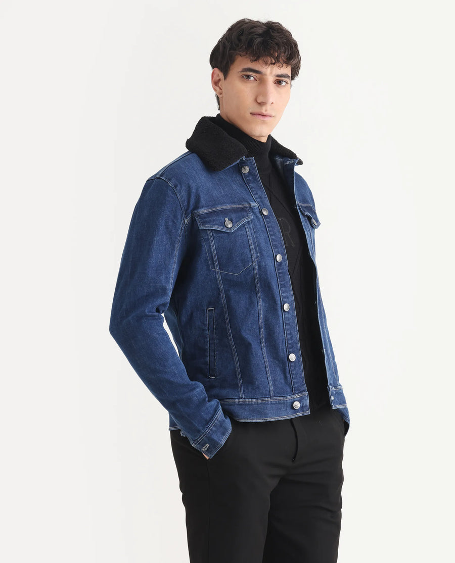 Rare Rabbit Men's Rubik Dark Blue Cotton Plain Regular Fit Full Sleeve Spread Collar Jacket