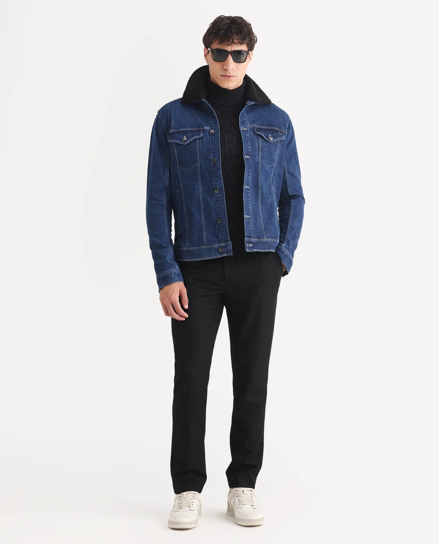 Rare Rabbit Men's Rubik Dark Blue Cotton Plain Regular Fit Full Sleeve Spread Collar Jacket