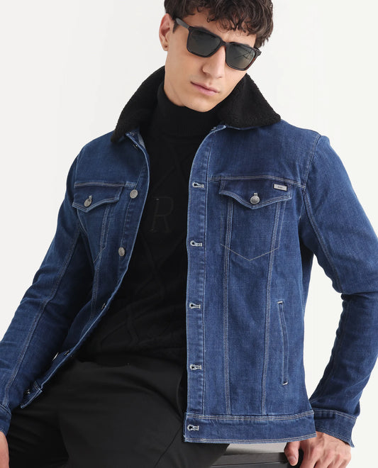 Rare Rabbit Men's Rubik Dark Blue Cotton Plain Regular Fit Full Sleeve Spread Collar Jacket