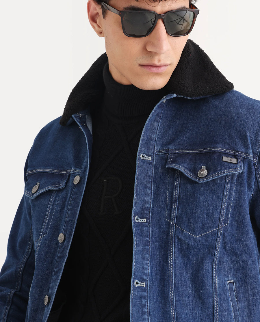 Rare Rabbit Men's Rubik Dark Blue Cotton Plain Regular Fit Full Sleeve Spread Collar Jacket