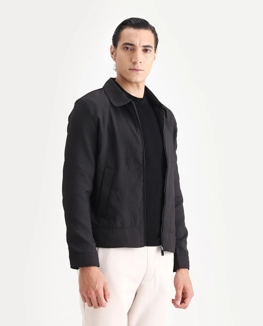 Rare Rabbit Men's Harbin Black Polyester Jacquard Regular Fit Full Sleeve Spread Collar Jacket
