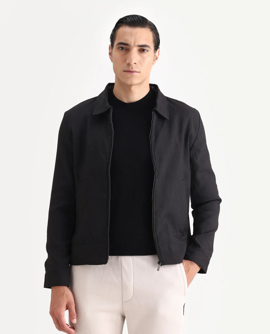 Rare Rabbit Men's Harbin Black Polyester Jacquard Regular Fit Full Sleeve Spread Collar Jacket