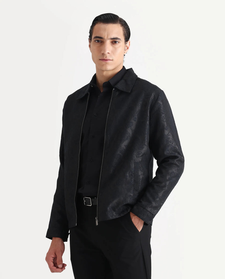 Rare Rabbit Men's Braga Dark Navy Polyester Jacquard Regular Fit Full Sleeve Spread Collar Jacket