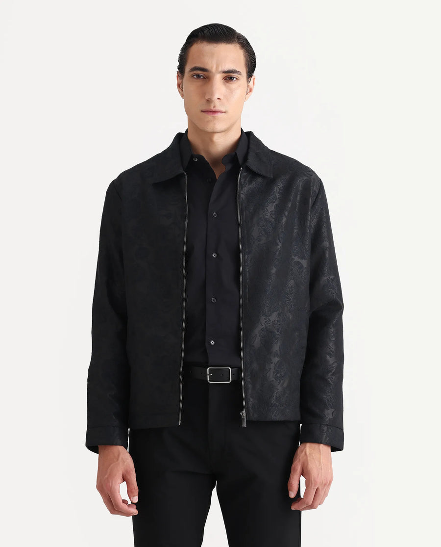 Rare Rabbit Men's Braga Dark Navy Polyester Jacquard Regular Fit Full Sleeve Spread Collar Jacket