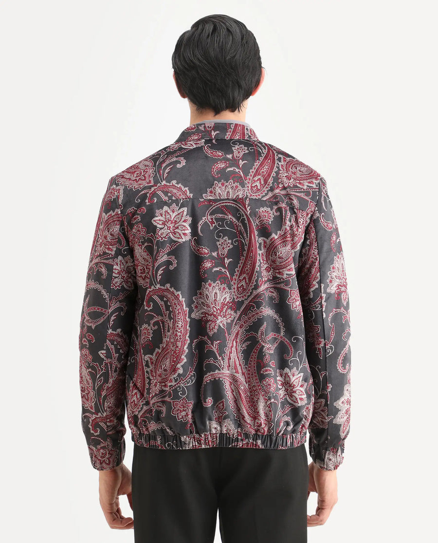 Rare Rabbit Men's Dalia Black Polyester Paisley Print Regular Fit Full Sleeve Mandarin Collar Jacket