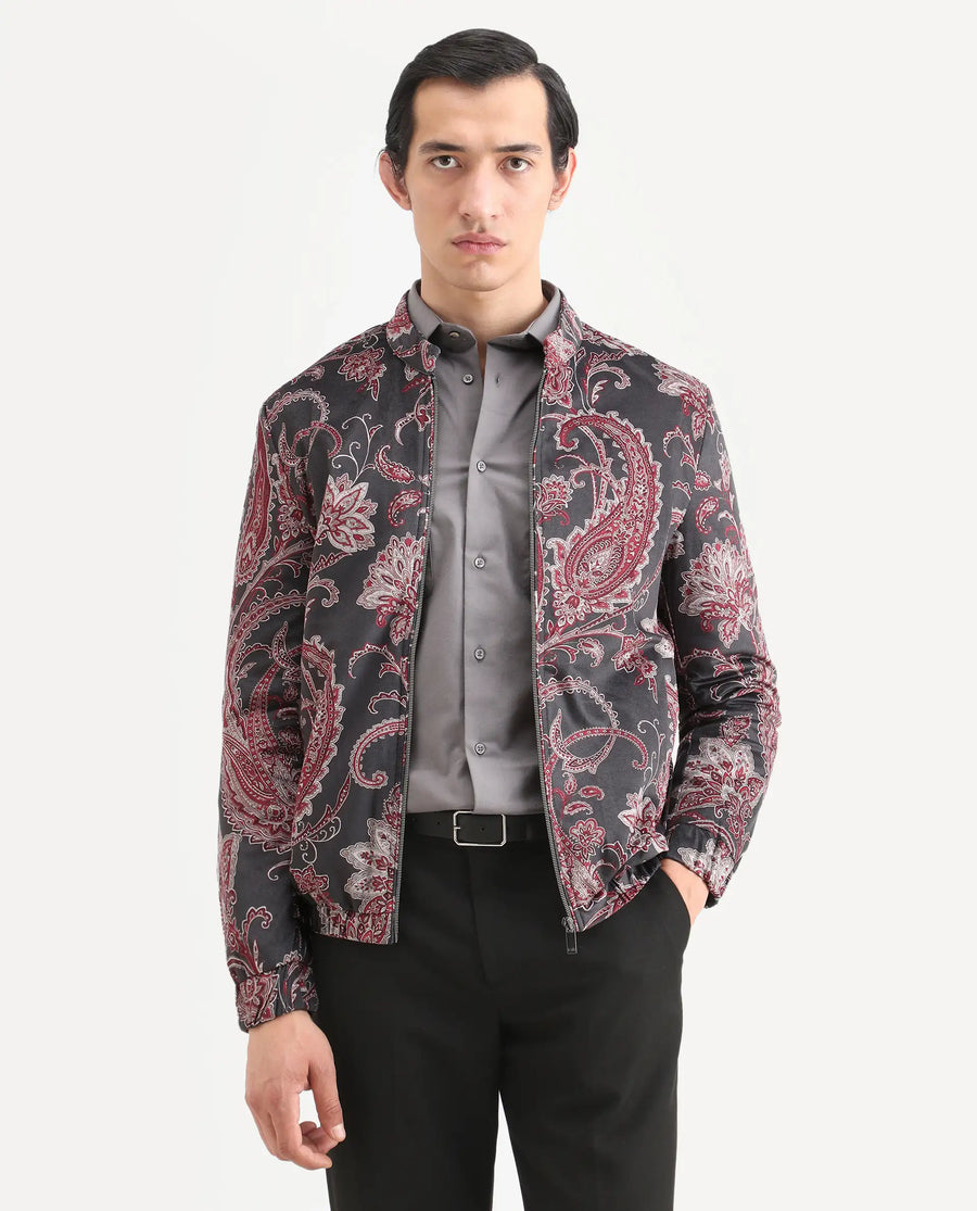 Rare Rabbit Men's Dalia Black Polyester Paisley Print Regular Fit Full Sleeve Mandarin Collar Jacket