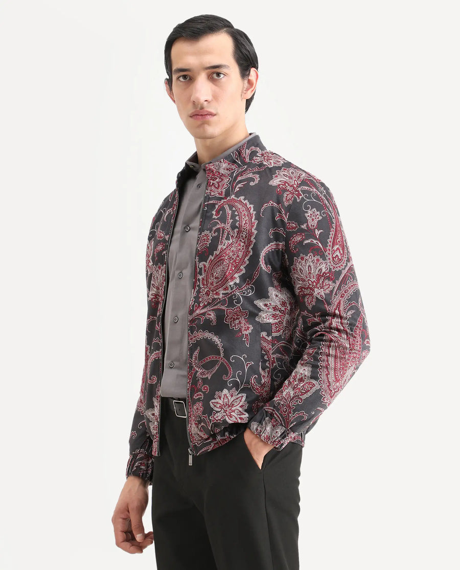 Rare Rabbit Men's Dalia Black Polyester Paisley Print Regular Fit Full Sleeve Mandarin Collar Jacket