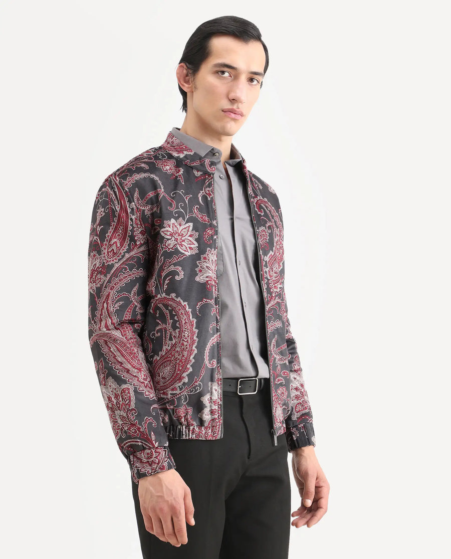 Rare Rabbit Men's Dalia Black Polyester Paisley Print Regular Fit Full Sleeve Mandarin Collar Jacket