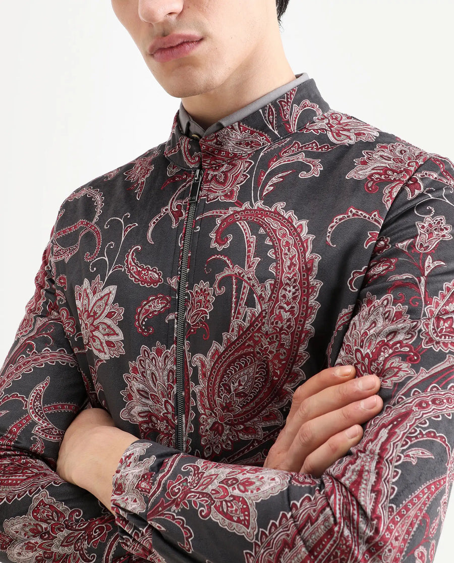 Rare Rabbit Men's Dalia Black Polyester Paisley Print Regular Fit Full Sleeve Mandarin Collar Jacket
