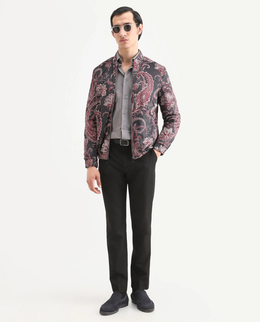 Rare Rabbit Men's Dalia Black Polyester Paisley Print Regular Fit Full Sleeve Mandarin Collar Jacket