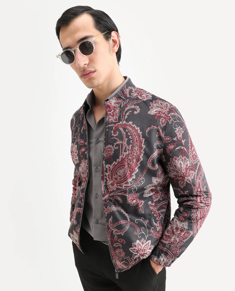 Rare Rabbit Men's Dalia Black Polyester Paisley Print Regular Fit Full Sleeve Mandarin Collar Jacket