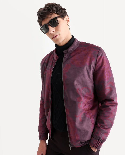 Rare Rabbit Men's Dalia Dark Maroon Polyester Paisley Print Regular Fit Full Sleeve Mandarin Collar Jacket