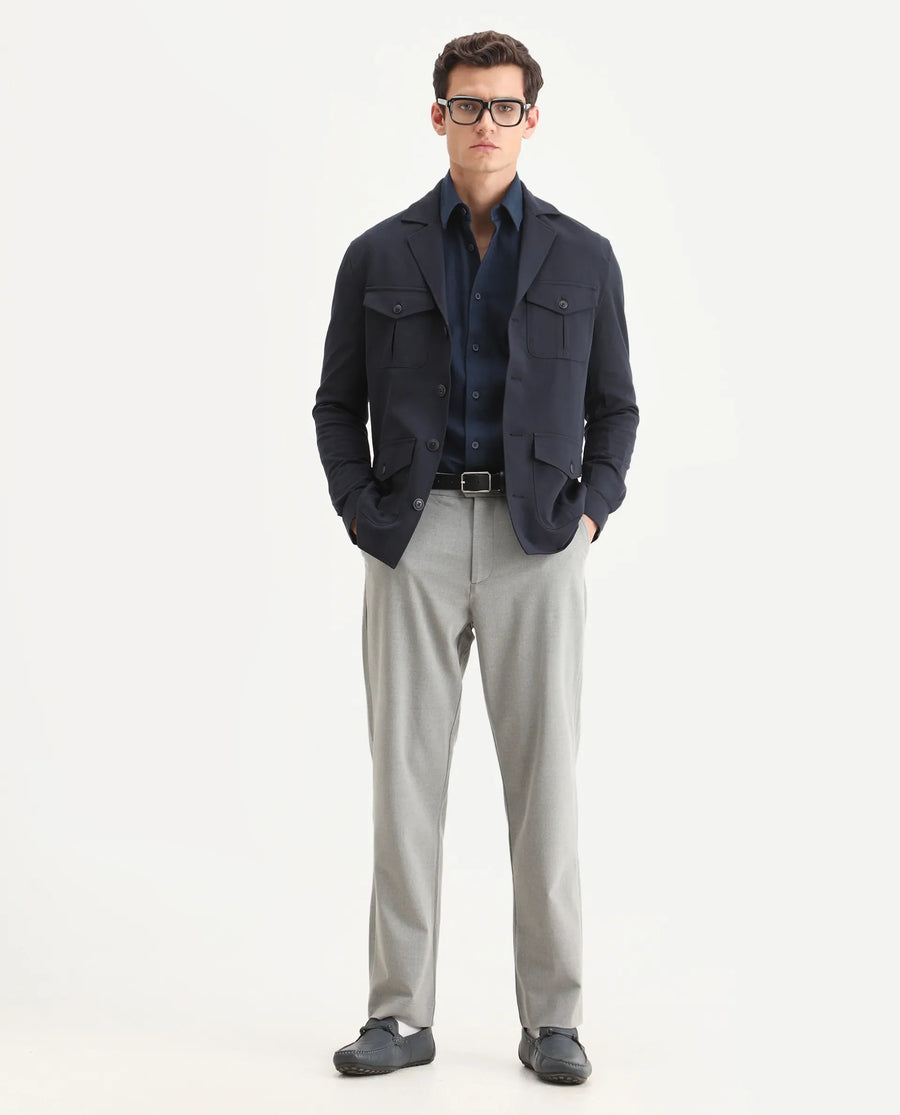 Rare Rabbit Men's Voyage Dark Navy Polyester Plain Tailored Fit Full Sleeve Lapel Neck Jacket