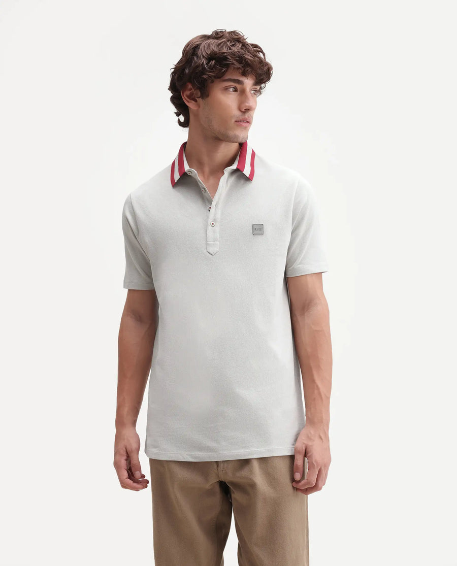Rare Rabbit Men's Divide Light Grey Cotton Plain Regular Fit Half Sleeve Polo