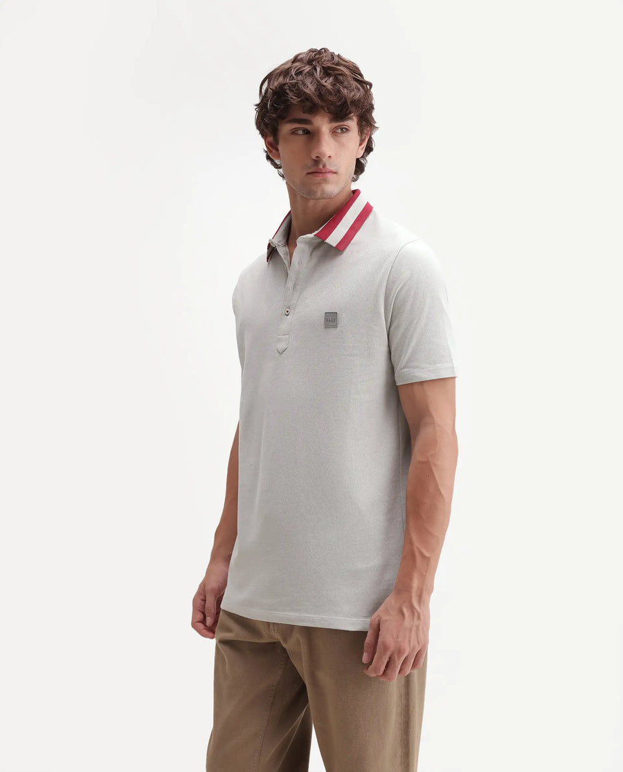Rare Rabbit Men's Divide Light Grey Cotton Plain Regular Fit Half Sleeve Polo