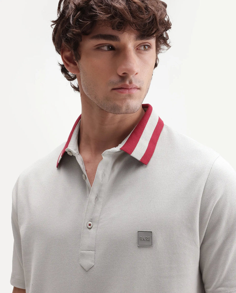 Rare Rabbit Men's Divide Light Grey Cotton Plain Regular Fit Half Sleeve Polo