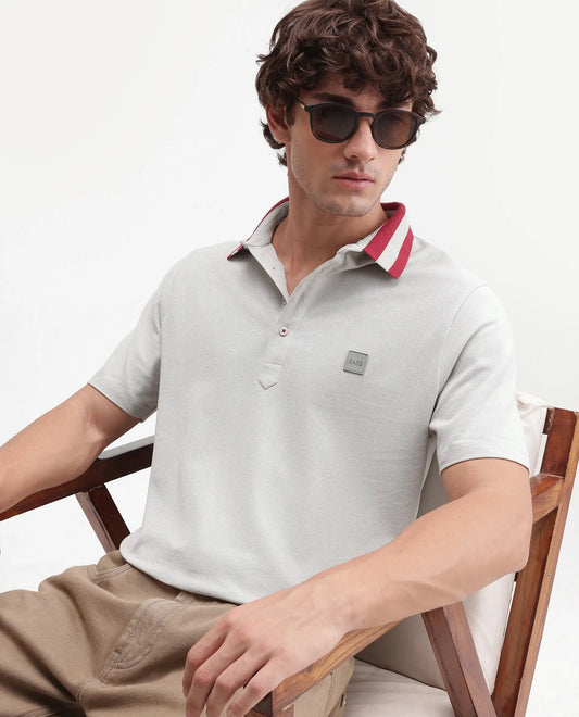 Rare Rabbit Men's Divide Light Grey Cotton Plain Regular Fit Half Sleeve Polo
