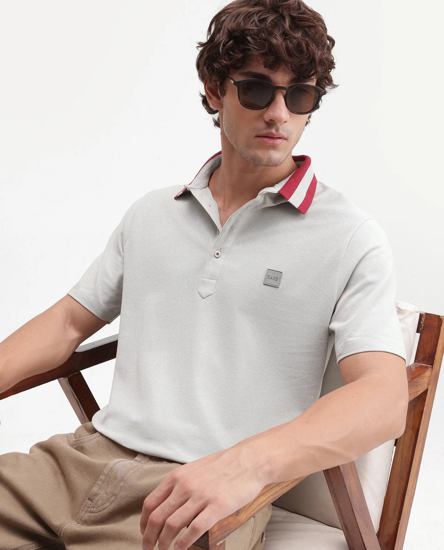 Rare Rabbit Men's Divide Light Grey Cotton Plain Regular Fit Half Sleeve Polo